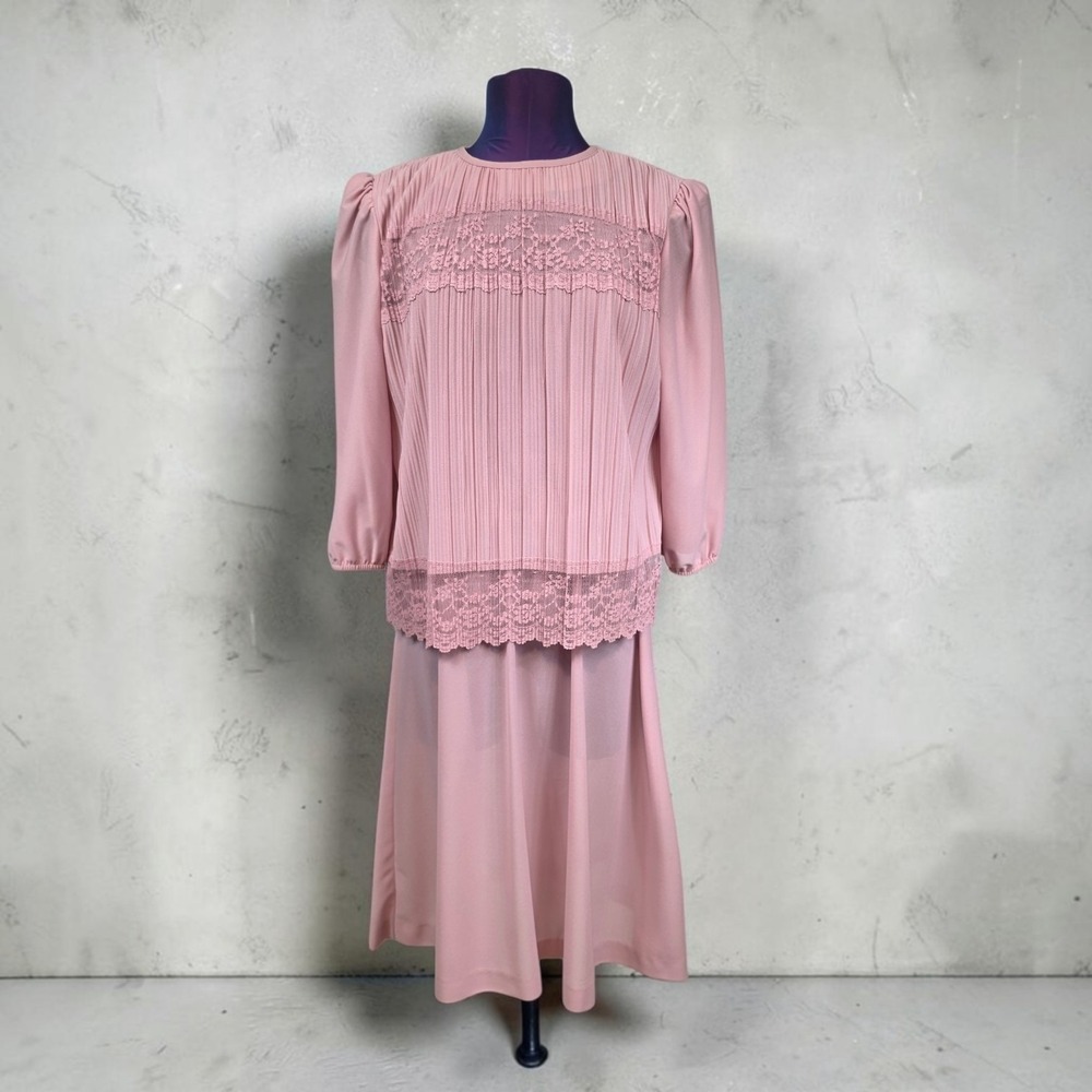 Sandi Dee Vintage Pink Pleated Lace Trim Midi Dress Women Size 11/12